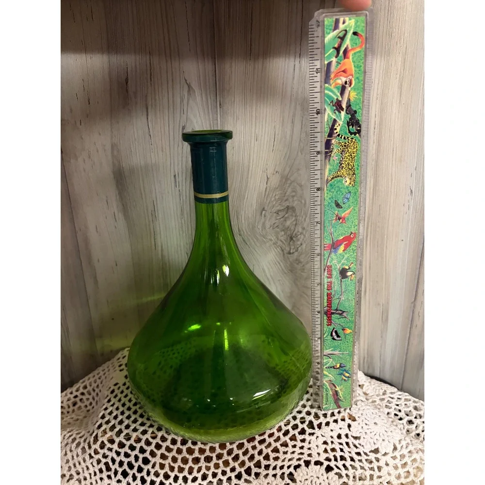 Vintage Green Glass Decanter Bottle Bulbous Vase Mid Century Decor 11.5 Inch